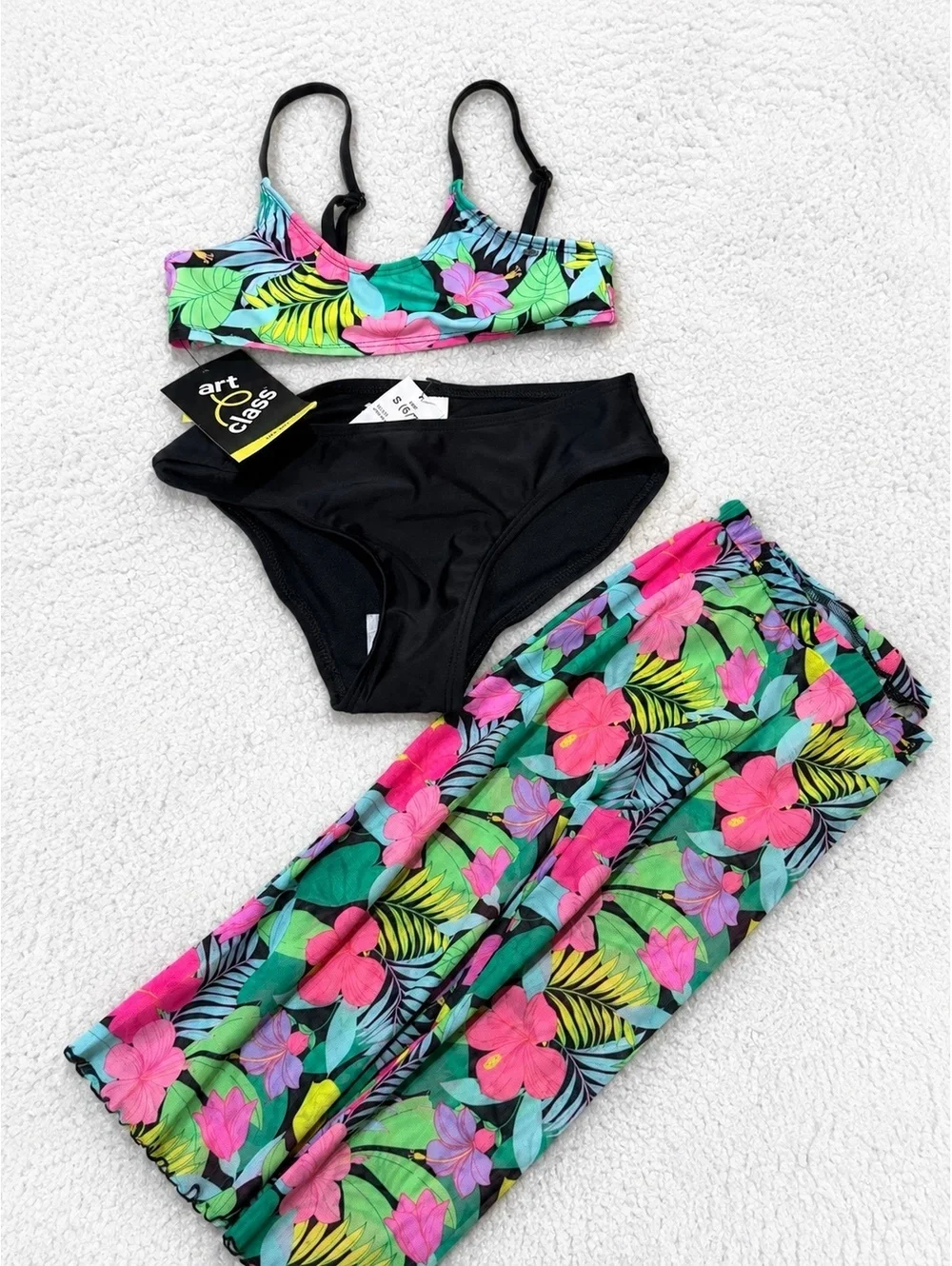 Girls 3pc Tropical Swimsuit Bikini Set Size 6/7 Cover Up Pants NWT